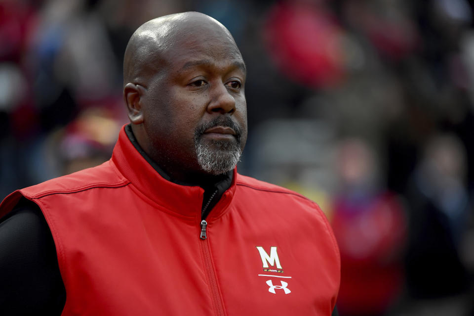 Maryland head coach Mike Locksley looks on prior to an NCAA college football game against Nebraska, Saturday, Nov. 23, 2019, in College Park, Md. (AP Photo/Will Newton)