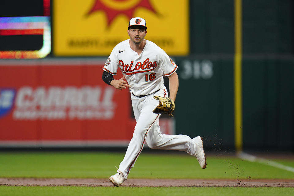 Baltimore Orioles first baseman Trey Mancini jumps off the first base bag to defend on a pitch to the Tampa Bay Rays during the second inning of a baseball game, Tuesday, July 26, 2022, in Baltimore. (AP Photo/Julio Cortez)