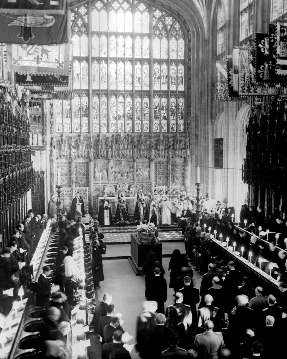 The funeral of King George VI, at St. George's Chapel , Windsor Castle. In front of the altar is the Archbishop of Canterbury Dr. Geoffrey Fisher. Immediately behind the coffin are the heavily veiled Queen, Queen Mother, Princess Margaret and the Princes Royal (King George's sister, Princess Mary).   (Photo by PA Images via Getty Images)