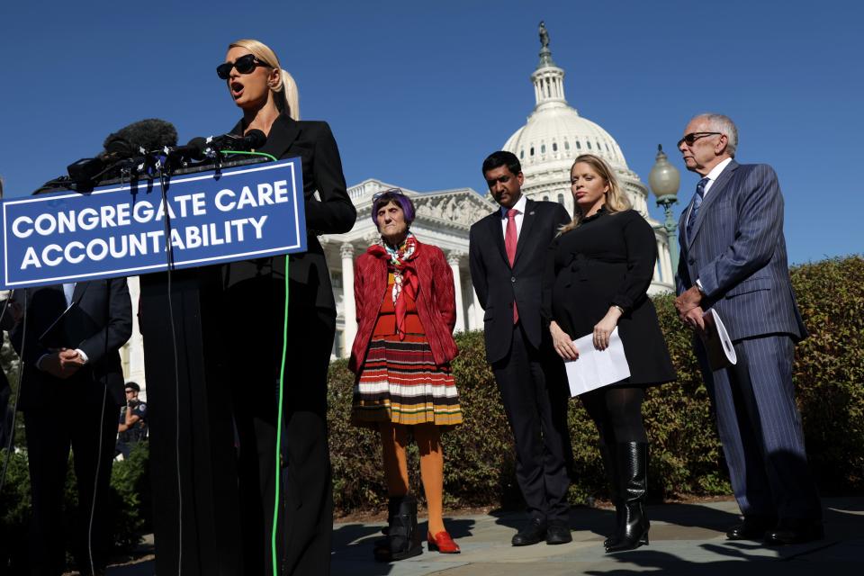 Paris Hilton speaks during a news conference outside the U.S. Capitol in 2021 in Washington, DC. Congressional Democrats held a news conference with Paris Hilton to discuss child abuse and legislation to establish a “bill of rights” to protect children placed in congregate care facilities.