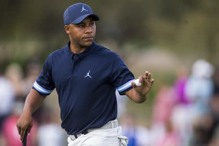 Jan 31, 2019; Scottsdale, AZ, USA; Harold Varner III waves to the crowd at the 9th hole during the Waste Management Phoenix Open on Thursday, Jan. 31, 2019, at TPC Scottsdale in Scottsdale, Ariz. Mandatory Credit: Sean Logan/The Arizona Republic-USA TODAY NETWORK