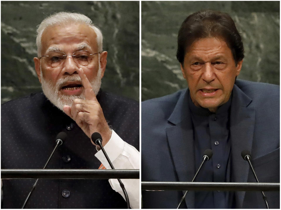 In this combination photo, India's Prime Minister Narendra Modi, left, and Pakistan's Prime Minister Imran Khan address the 74th session of the United Nations General Assembly, Friday, Sept. 27, 2019. (AP Photo/Richard Drew)