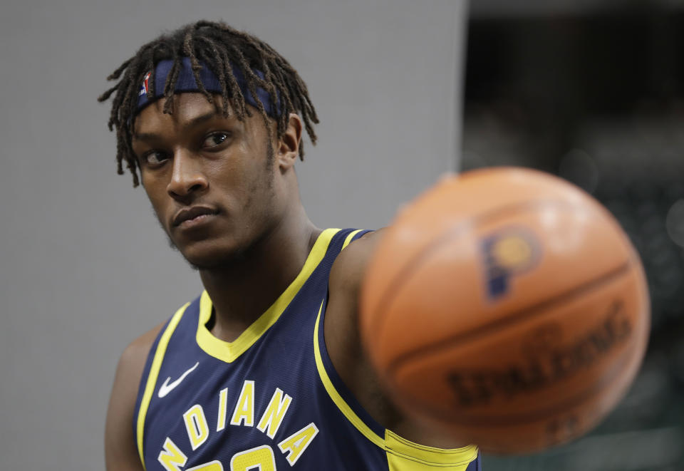 Indiana Pacers' Myles Turner poses for a photograph during media day at the NBA basketball team's practice facility, Monday, Sept. 24, 2018, in Indianapolis. (AP Photo/Darron Cummings)