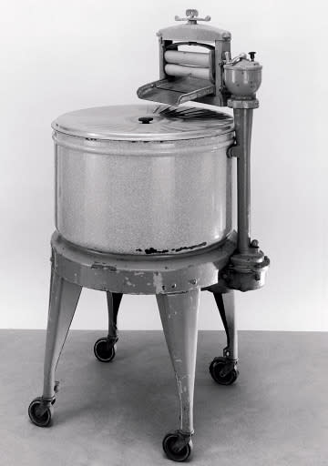 The first washing machine appeared in 1900 - pictured is a 'Thor' model from 1906. Robinson says: "Before my mum got a washing machine, she used to spend the Mondays and Tuesdays doing laundry.  Like millions of others, having a machine do the washing transformed her life - though she resisted getting one at first.  It freed her up to do other things. By the 1960s she was able to get a part-time job because she had so much free time."