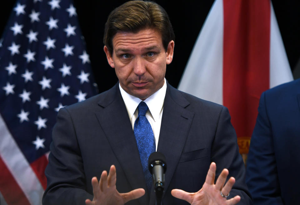 Florida Gov. Ron DeSantis at a news conference.