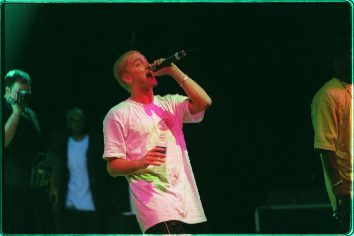 Detroit rapper Eminem performs at the House of Blues in Los Angeles on Feb. 22, 1999.