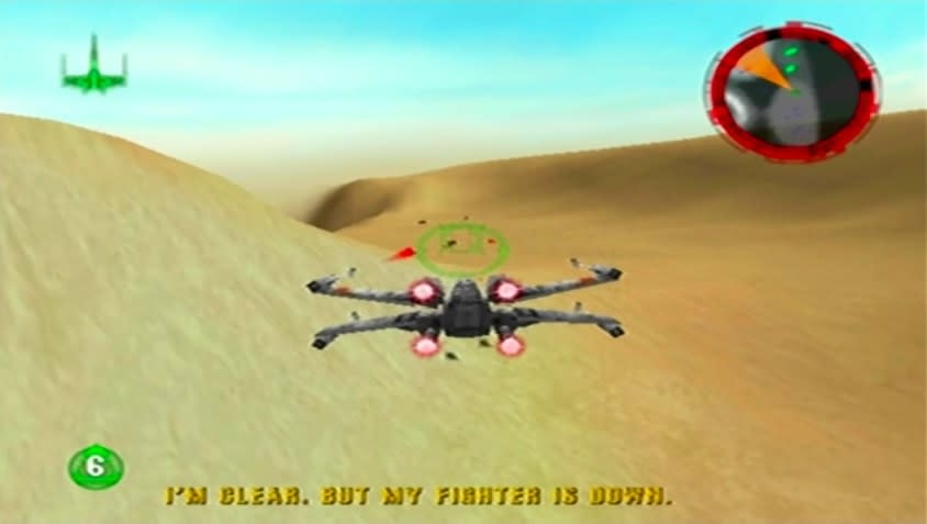 Gameplay screenshot of Star Wars: Rogue Squadron featuring a fighter plane and the text: I'm clear, but my fighter is down