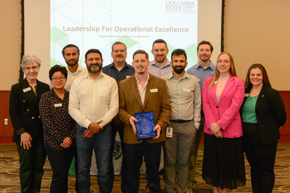 The first cohort of its Leadership for Operational Excellence program at Columbia State. Pictured (left to right): Dr. Deb Macfarlan Enright, lead facilitator of the Columbia State Leadership for Operational Excellence program; Priyadarshini Barkakati; Kiran Kanth Reddy Bollampally; Sandeep Wajapey; Barry Choisser; Terrance Taylor; Allen McNeece; Sai Sumanth Edara; Daniel Garrett; Cora Hageman; and Melody Murphy, Columbia State Workforce and Continuing Education director and co-facilitator of the Leadership for Operational Excellence program.