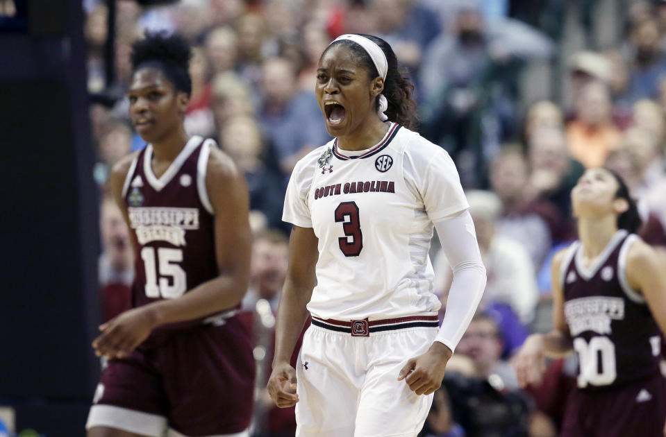 South Carolina guard Kaela Davis (3) celebrates a play during the second half against Mississippi State in the final of NCAA women's Final Four college basketball tournament, Sunday, April 2, 2017, in Dallas. (AP Photo/LM Otero)