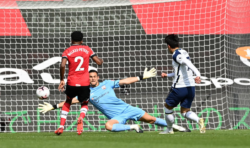 Tottenham Hotspur's Son Heung-min scores his side's first goal of the game during the Premier League match at St Mary's Stadium, Southampton.