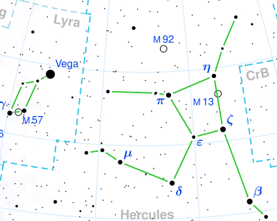 Look high up the next clear July evening to see the constellation Hercules, to the right of the bright star Vega. Within Hercules is a four-star pattern making a keystone shape. On one side, you can spot the globular cluster M13 with binoculars. It will appear as a dim, fuzzy spot, but begins to resolve its outer stars in a 4-inch telescope. This chart has been cropped. CC BY-SA 3.0 license.