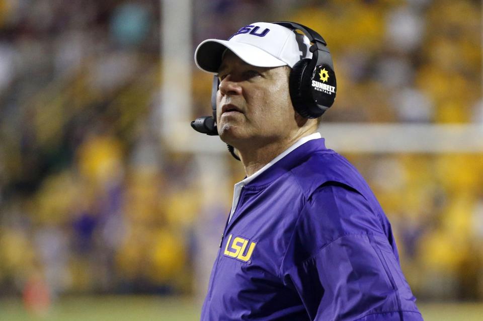 LSU head coach Les Miles watches from the sideline in the second half of an NCAA college football game against Mississippi State in Baton Rouge, La., Saturday, Sept. 17, 2016. LSU win 23-20. (AP Photo/Gerald Herbert)