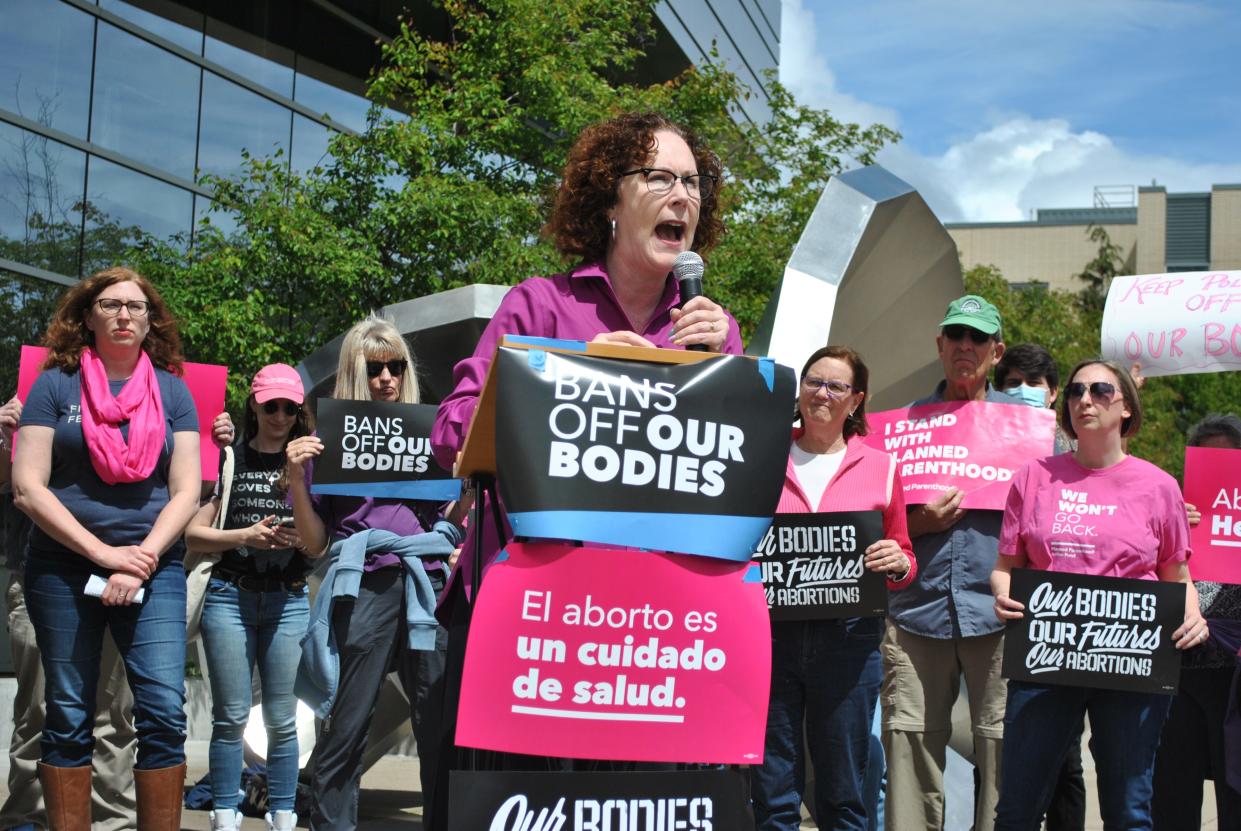 Val Hoyle speaks at the Wayne Morse Federal Courthouse in a press conference before hundreds gathered to protest the Supreme Court's leaked draft opinion to overturn the nearly 50-year precedent set by Roe v. Wade.