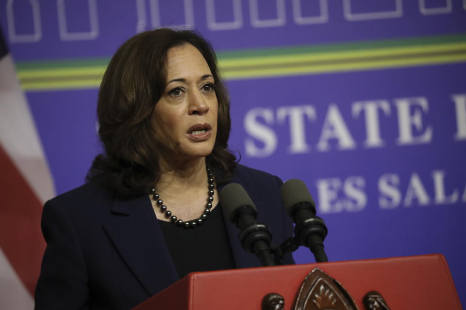 U.S Vice President Kamala Harris addresses a news conference following her meetings with Tanzanian President Samia Suluhu Hassan in Dar es Salaam, Tanzania, Thursday, March 30, 2023. (Ericky Boniphace/Pool Photo via AP)