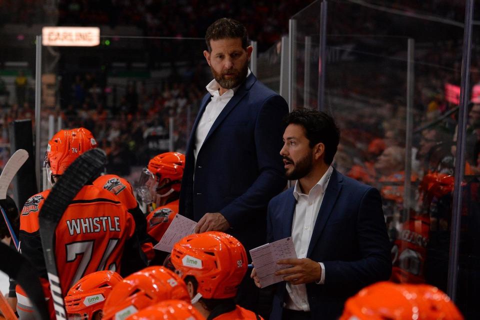 READY FOR ACTION: Sheffield Steelers' head coach Aaron Fox, on the bench during the pre-season home game against Nottingham Panthers. Picture courtesy of Dean Woolley/Steelers Media