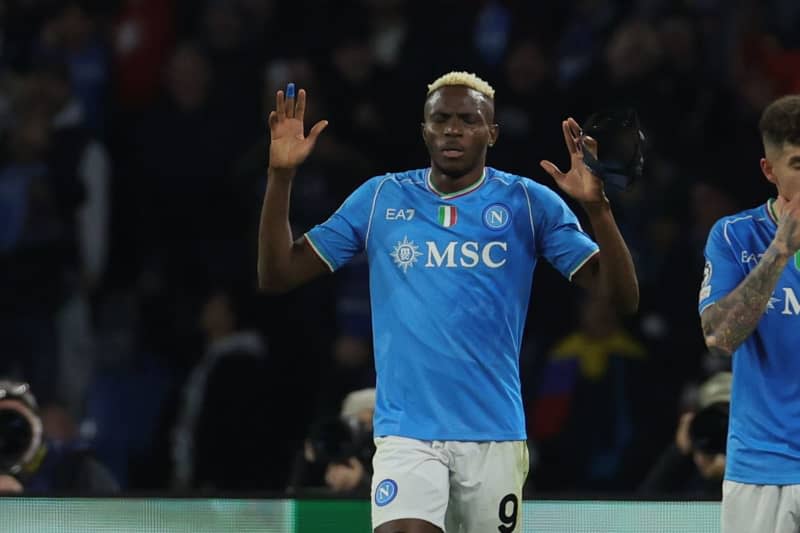 Napoli's Victor Osimhen celebrates scoring his side's first goal during the UEFA Champions League round of 16 first leg soccer match between SSC Napoli and FC Barcellona at Diego Armando Maradona Stadium. Alessandro Garofalo/LaPresse via ZUMA Press/dpa