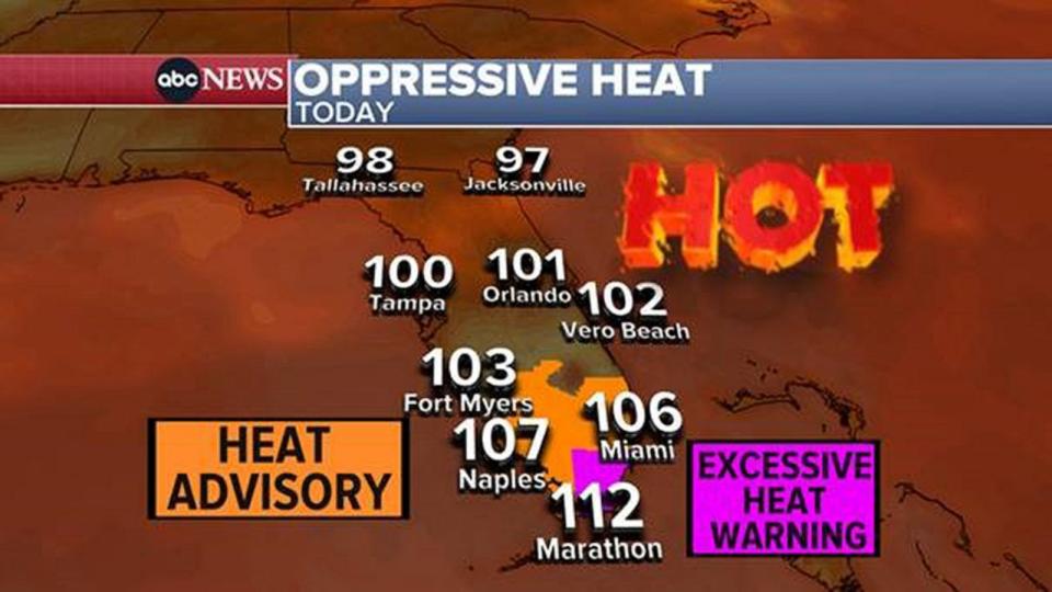 PHOTO: Heat index values are expected to be at or above 100 degrees Fahrenheit from Texas to Florida on July 24, 2023. (ABC News)
