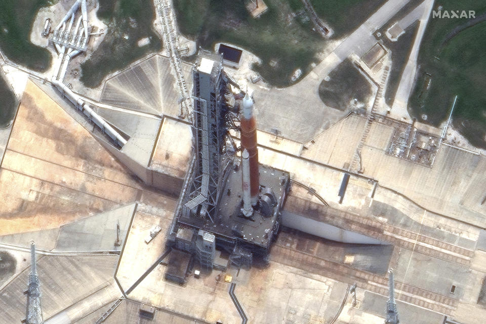This satellite image provided by Maxar Technologies shows NASA’s Space Launch System (SLS) rocket and and the Orion space capsule on the launch pad at Launch Complex 39B at the Kennedy Space Center in Florida on Saturday, June 18, 2022. (Maxar Technologies via AP)