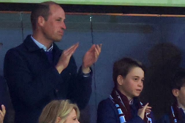 <p>Marc Atkins/Getty</p> Prince William and Prince George watch Aston Villa play in Birmingham, U.K. on April 11, 2024