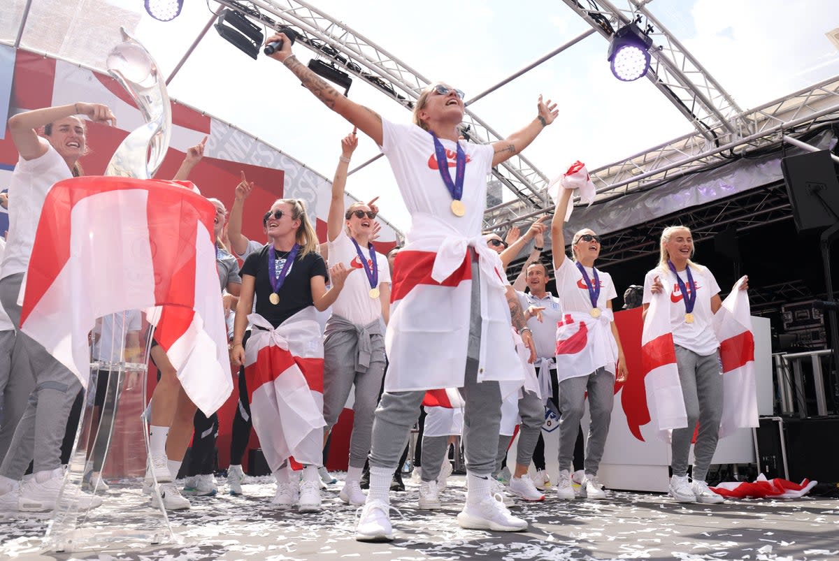 England players celebrate their Euro 2022 triumph (James Manning/PA) (PA Wire)
