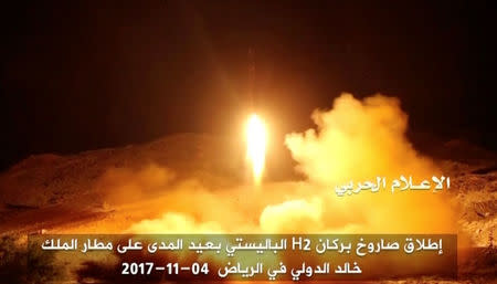 A still image taken from a video distributed by Yemen's pro-Houthi Al Masirah television station on November 5, 2017, shows what it says was the launch by Houthi forces of a ballistic missile aimed at Riyadh's King Khaled Airport on Saturday, Houthi Military Media Unit via REUTERS TV