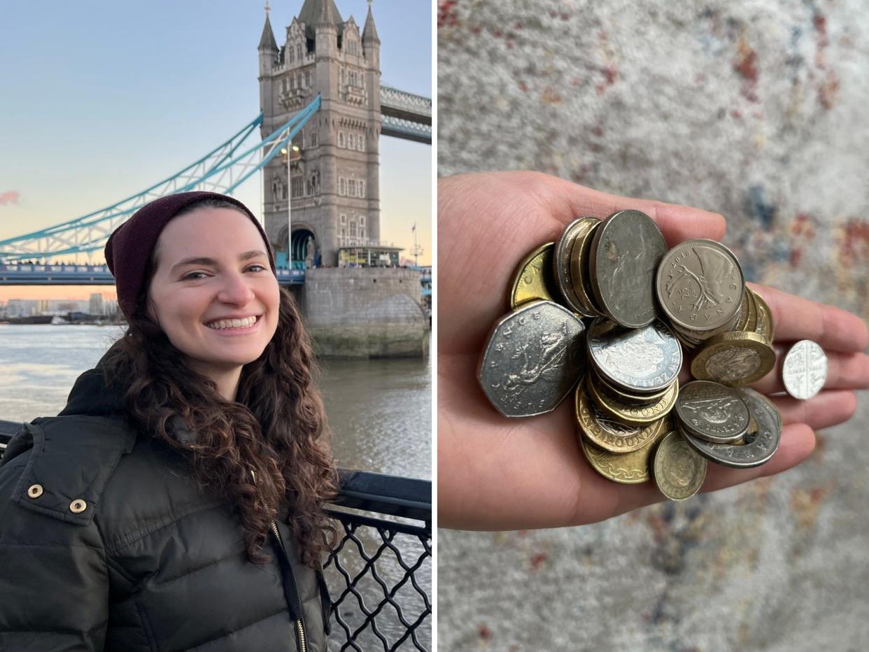 Left: Talia Lakritz in London. Right: A hand holds coins from various countries.