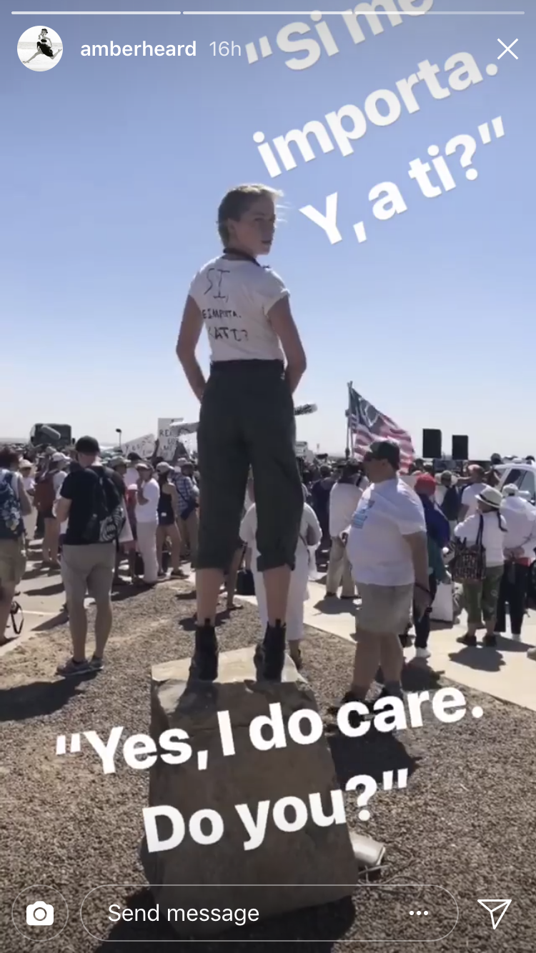 Amber Heard protested in a shirt that says “Yes, I do care. Do you?” in Spanish. (Photos: Amber Heard via Instagram)