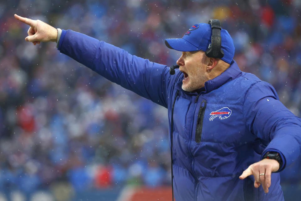 Buffalo Bills head coach Sean McDermott shouts from the sideline during the second half of an NFL football game against the New York Jets, Sunday, Dec. 11, 2022, in Orchard Park, N.Y. (AP Photo/Jeffrey T. Barnes)