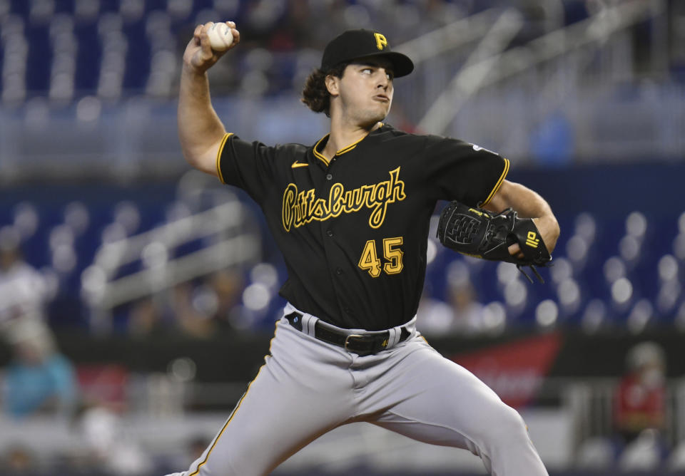 Pittsburgh Pirates pitcher Max Kranick (45) throws against the Miami Marlins during the second inning of a baseball game, Sunday, September 19, 2021, in Miami. (AP Photo/Jim Rassol)