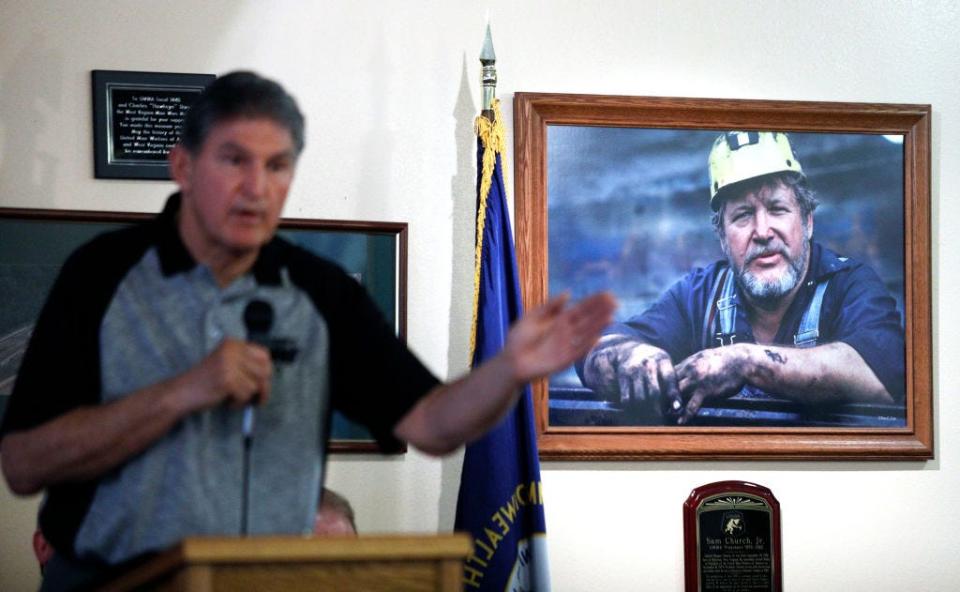 Sen. Joe Manchin, D-W.Va., holds a town hall meeting with coal miners on March 31, 2017, in Matewan, W.Va. Manchin grew up in a mining community.