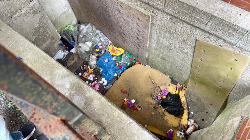 The window well where Tanya Brooks' body was found on May 11, 2009. Loved ones threw plastic flowers into the concrete box on the fifteenth anniversary of her death.