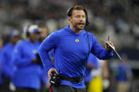 Los Angeles Rams head coach Sean McVay walks along the sideline during the first half of an NFL football game against the Dallas Cowboys Sunday, Oct. 29, 2023, in Arlington, Texas. (AP Photo/Julio Cortez)
