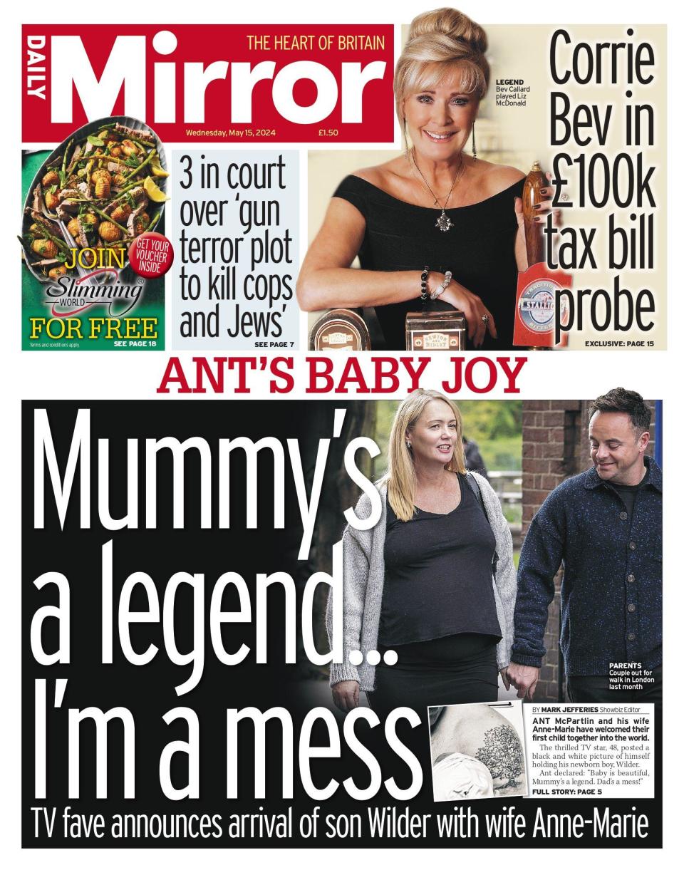 Daily Mirror: Ant McPartlin welcomes first child with wife Anne-Marie Corbett and reveals name