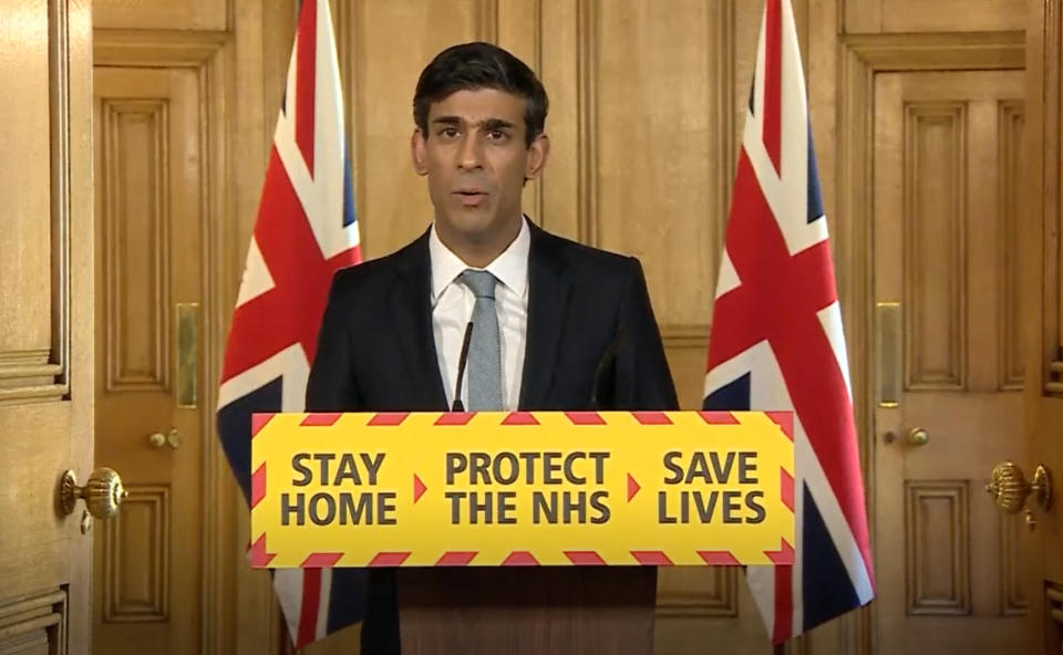 Screen grab of Chancellor of the Exchequer Rishi Sunak during a media briefing in Downing Street, London, on coronavirus (COVID-19). (Photo by PA Video/PA Images via Getty Images)