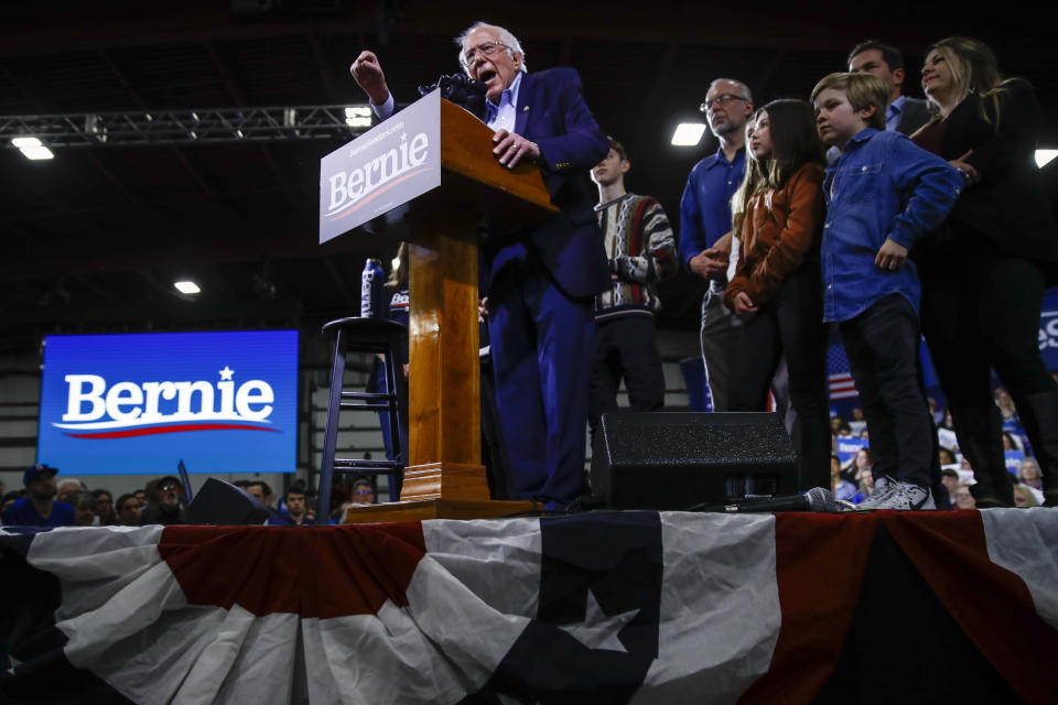 Democratic presidential candidate Sen. Bernie Sanders, I-Vt., accompanied by his wife Jane O'Meara Sanders and other family members, speaks during a primary night election rally in Essex Junction, Vt., Tuesday, March 3, 2020. (AP Photo/Matt Rourke)