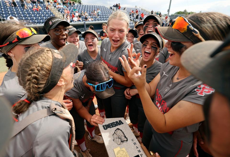 Spanish Fork celebrates winning the 5A softball championship game against Bountfiul at the Miller Park Complex in Provo on Friday, May 26, 2023. Spanish Fork won 8-4. | Kristin Murphy, Deseret News