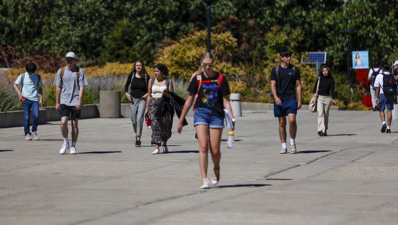 Campusgoers walk on the University of Utah campus in Salt Lake City on Monday, Sept. 19, 2022. A recent survey ranked the university as the top public college in the West.