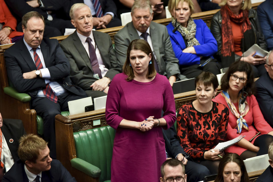 Britain's opposition Liberal Democrat party leader Jo Swinson speaks during the Brexit debate inside the House of Commons parliament in London Saturday Oct. 19, 2019. At the rare weekend sitting of Parliament, Prime Minister Boris Johnson implored legislators to ratify the Brexit deal he struck this week with the other 27 EU leaders. Lawmakers voted Saturday in favour of the 'Letwin Amendment', which seeks to avoid a no-deal Brexit on October 31. (Stephen Pike/House of Commons via AP)