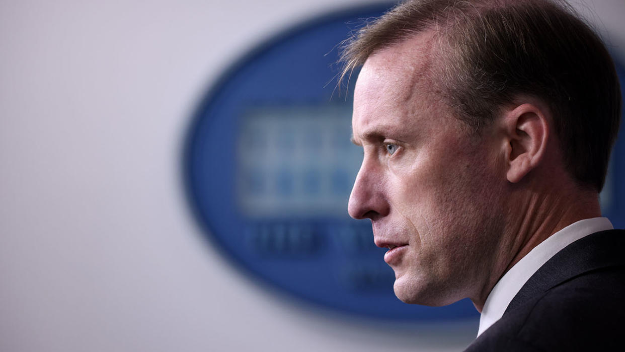 Jake Sullivan, White House national security adviser takes questions at a press conference at the White House on Tuesday. 