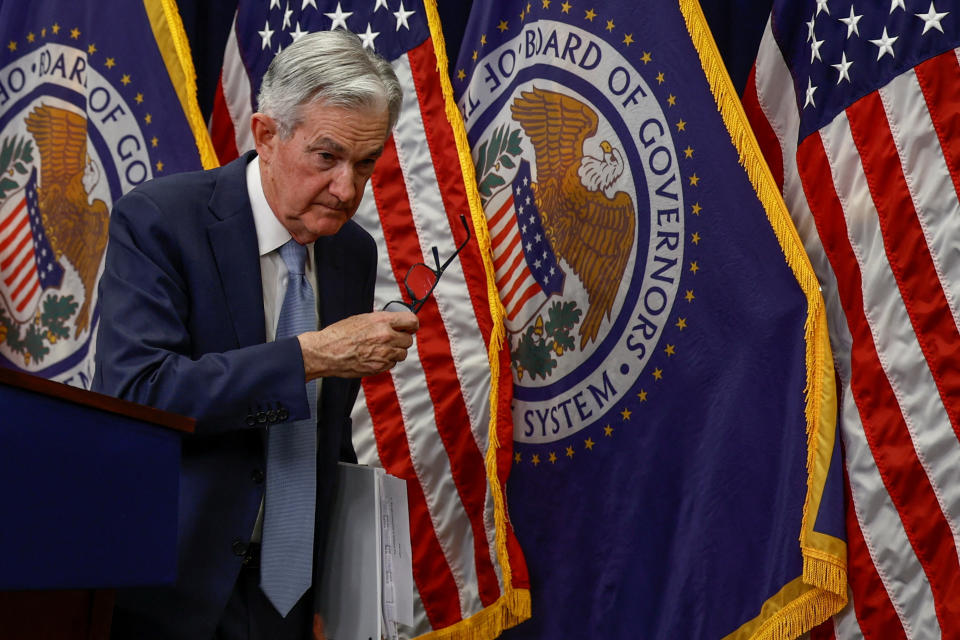 Federal Reserve Board Chairman Jerome Powell leaves after a news conference following the announcement that the Federal Reserve raised interest rates by half a percentage point, at the Federal Reserve Building in Washington, U.S., December 14, 2022. REUTERS/Evelyn Hockstein