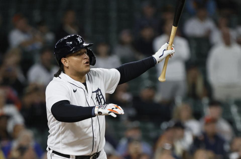Detroit Tigers' Miguel Cabrera hits a fly ball for an out against the Kansas City Royals during the sixth inning of a baseball game Tuesday, Sept. 26, 2023, in Detroit. (AP Photo/Duane Burleson)