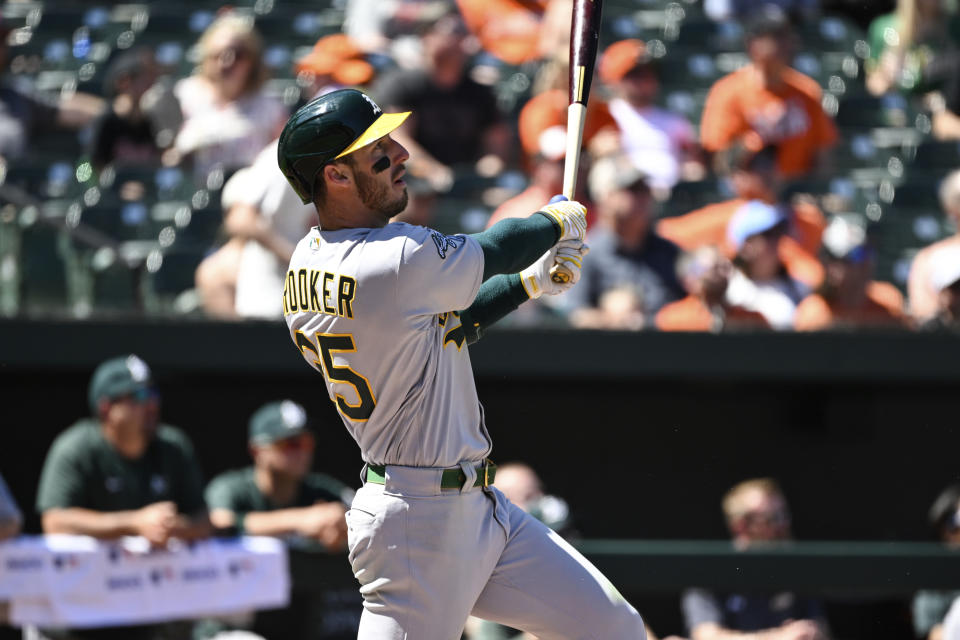 Oakland Athletics' Brent Rooker watches his three run home run against Baltimore Orioles starting pitcher Cole Irvin which scored Nick Allen and Esteury Ruiz during the third inning of a baseball game, Thursday, April 13, 2023, in Baltimore. (AP Photo/Terrance Williams)