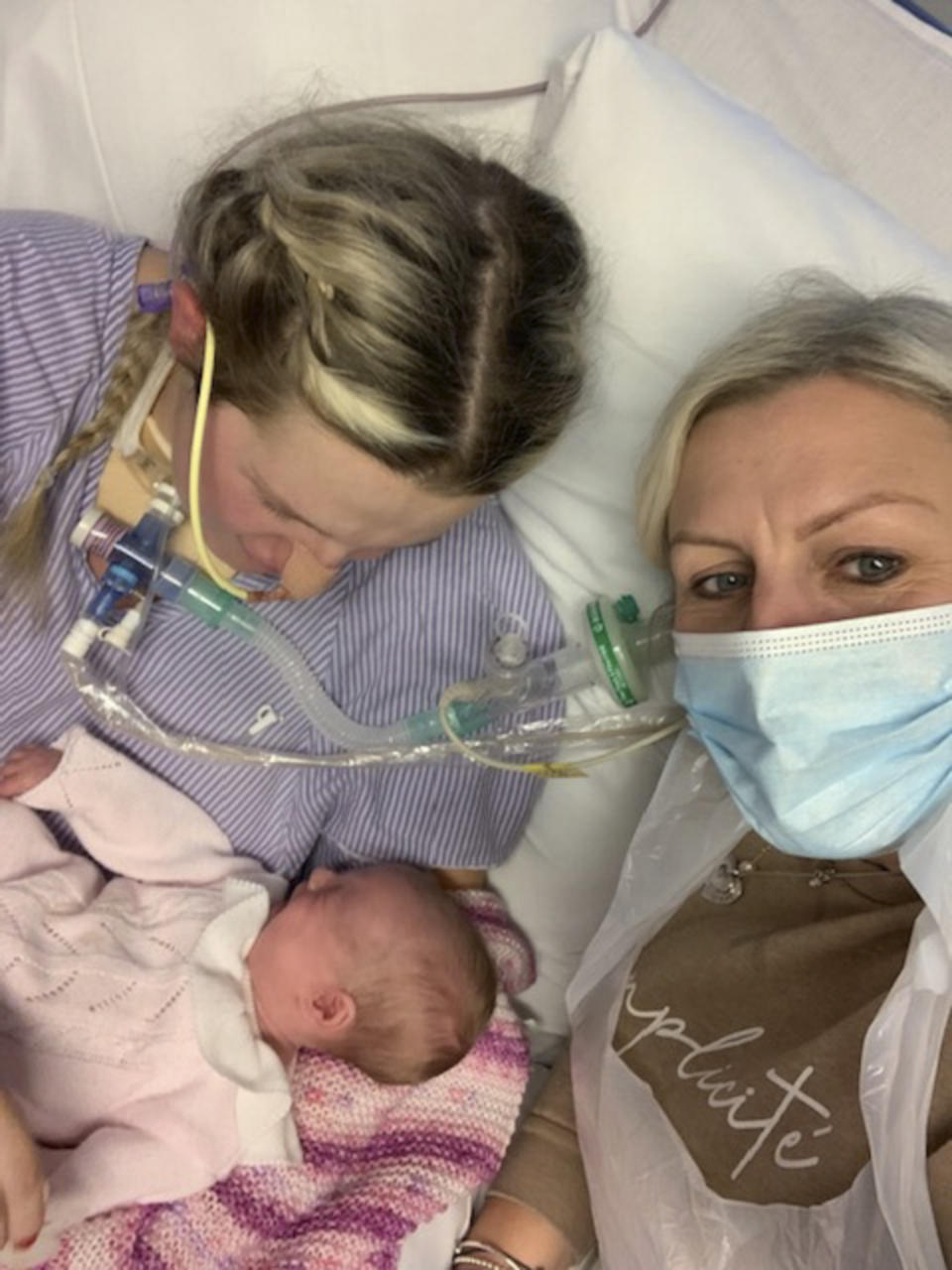 Lane is still in hospital recovering from COVID, pictured with her daughter Betsy and mother Becky Knight. (Caters)