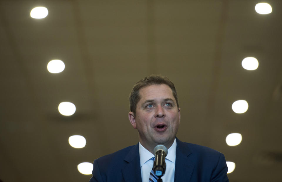 FILE - In this Oct. 8, 2019, photo, Conservative leader Andrew Scheer takes part in a round table discussion during a campaign stop in Mississauga, Ontario. Polls show that Scheer has a chance to defeat Justin Trudeau's Liberal party in national elections on Monday, Oct. 21. (Jonathan Hayward/The Canadian Press via AP, File)