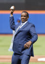 Former New York Mets pitcher Dwight Gooden throws out the ceremonial first pitch before a baseball game against the Kansas City Royals at Citi Field on Sunday, April 14, 2024, in New York. (AP Photo/Noah K. Murray)