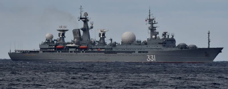 Russian Navy's Maresciallo Nedelin-class missile range instrumentation ship No.331 sails on the sea near Japan