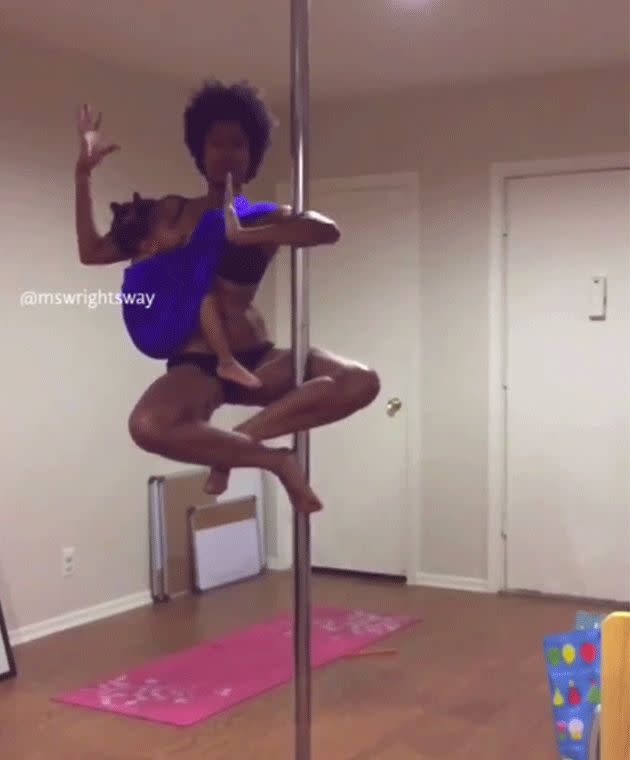 Ashley Wright effortlessly pole dances while breastfeeding her daughter Shannon. Photo: Facebook