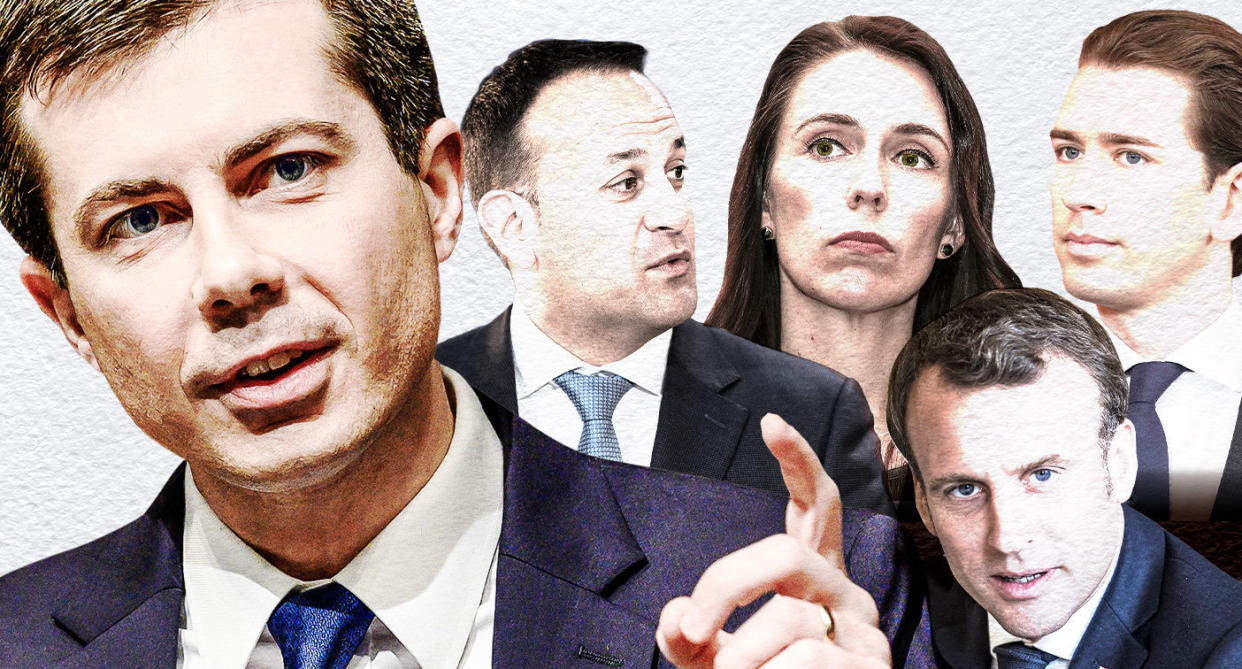 Clockwise from left, Pete Buttigieg, mayor of South Bend, Ind.; Ireland’s Leo Varadkar; New Zealand’s Jacinda Ardern; Austria’s Sebastian Kurz; France’s Emmanuel Macron. (Yahoo News photo Illustration; photos: AP, Getty Images)