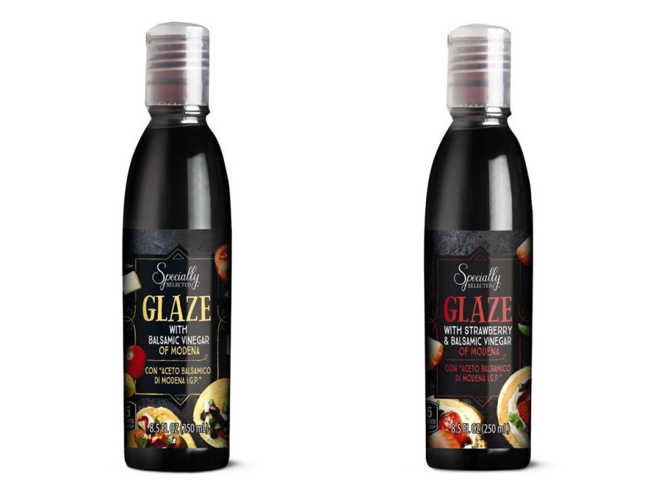 Aldi photos of black bottles of balsamic gaze against white background