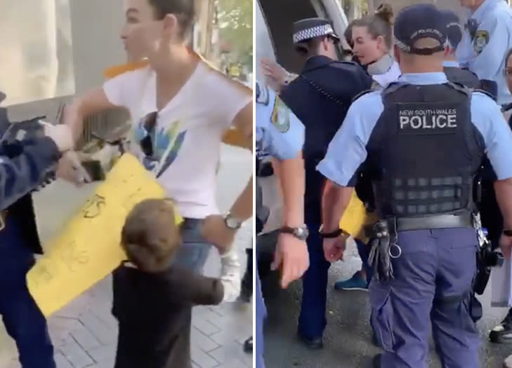 A mum is arrested in front of NSW Parliament house in front of her child son while protesting coronavirus lockdown.